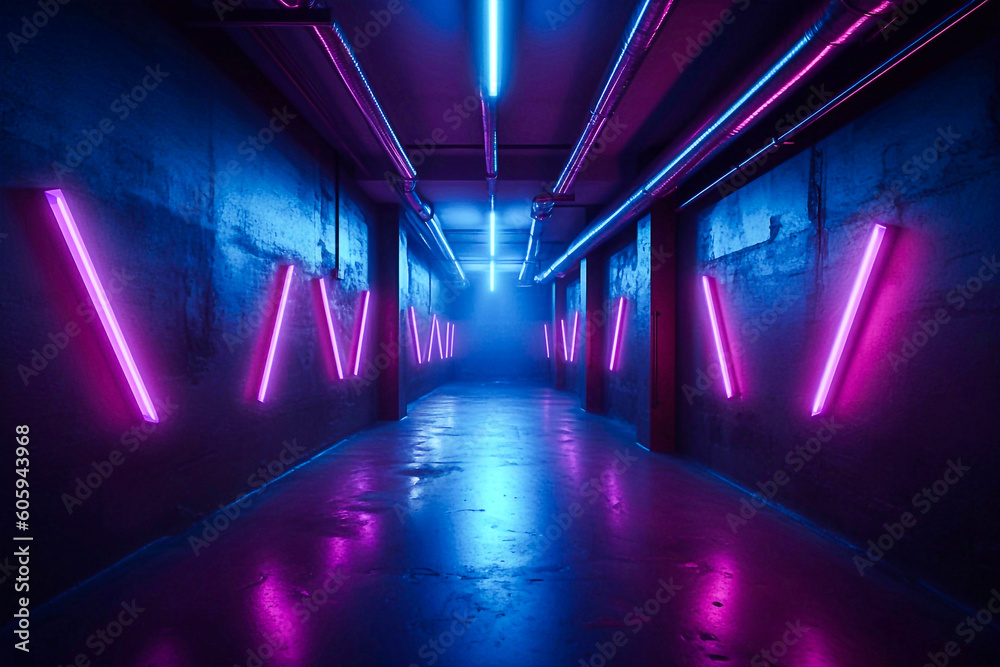 Sci-Fi futuristic 3d background with neon room in cyberpunk style. Generated AI