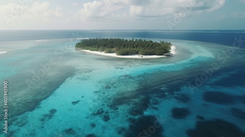 Witness the mesmerizing beauty of a beach in the Maldives through breathtaking drone footage that unveils the crystal-clear waters. Generated by AI.