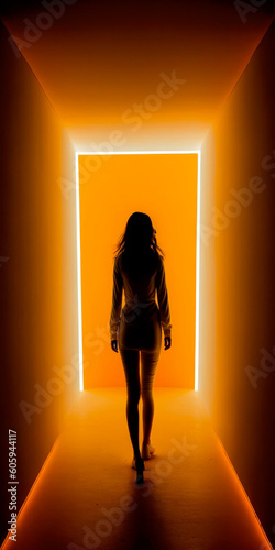 Glowing Path: A Woman Walking Towards an Illuminated Crystal Urn with Orange Neon Lights. Generative Ai