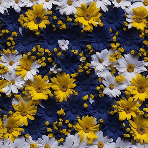Ukrainian style. Yellow flowers on a dark blue background. Flat lay, top view.