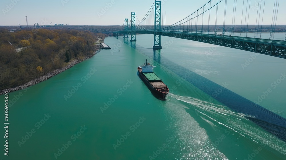 Witness the impressive sight of a massive cargo ship passing underneath a towering suspension bridge, captured through breathtaking drone footage. Generated by AI.