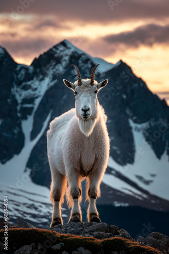 Majestic White Alpine Ibex, a Portrait of Nature's Beauty, Gazing from Snowy Summit. Generative Ai