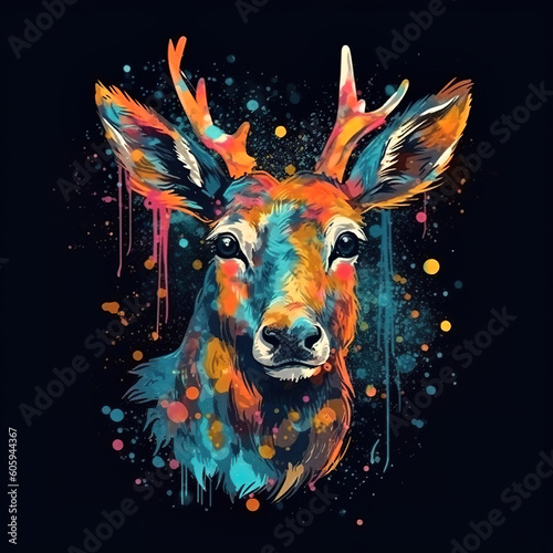 A deer with colorful paint splatters on it's face. Generative AI.