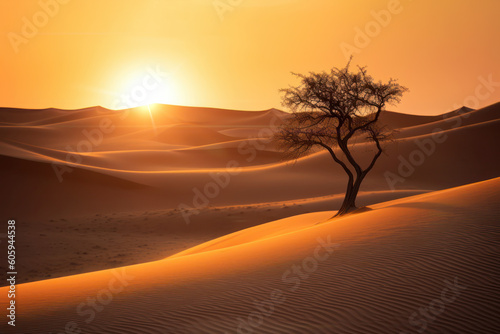 Sonnenuntergang über den Dünen in der Wüste neben einem einsamen vertrockneten Akazien Baum, KI-generierter Inhalt