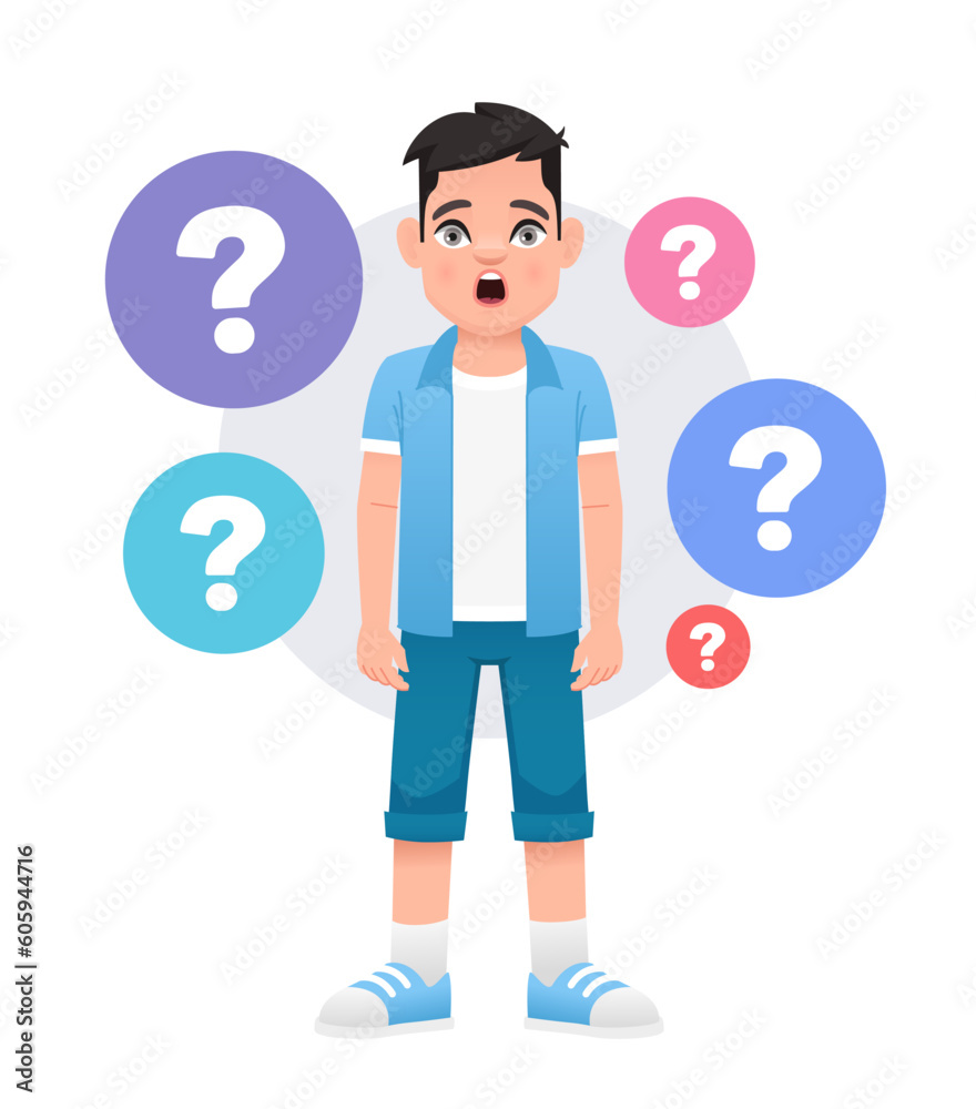 A surprised kid surrounded by question bubbles. Children's problems. The little boy has questions. A surprised kid surrounded by question bubbles. Children's problems. The little boy has questions.