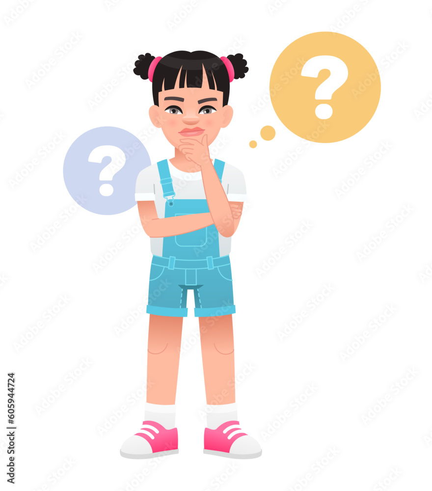 Portrait of a thoughtful schoolboy. A smart, thinking child who solves problems. A little girl surrounded by question bubbles. Portrait of a thoughtful schoolboy. A smart, thinking child who solves problems. A little girl surrounded by question bubbles.