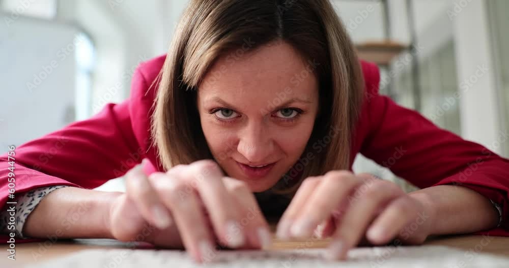 Strange lady employee passionate about playing stretches out hands typing on computer keyboard at workplace. Woman plays online game hiding from executive slow motion Strange lady employee passionate about playing stretches out hands typing on computer keyboard at workplace. Woman plays online game hiding from executive slow motion