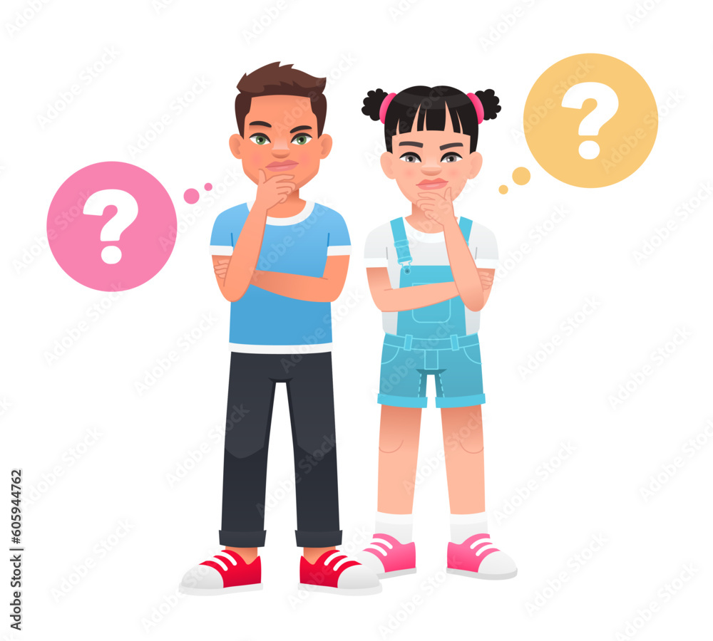 A boy and a girl surrounded by question bubbles. Children's problems. Young children have a question. Portrait of thoughtful schoolchildren. A boy and a girl surrounded by question bubbles. Children's problems. Young children have a question. Portrait of thoughtful schoolchildren.