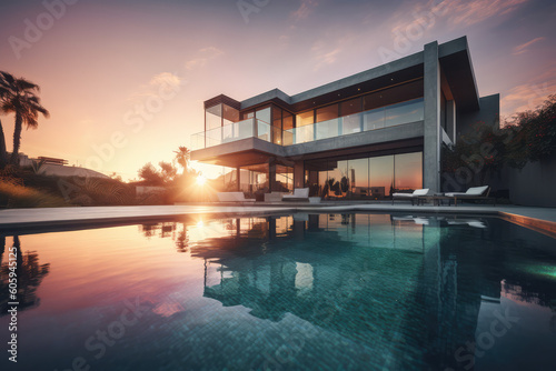 modern mansion with pool, generative AI © Kien