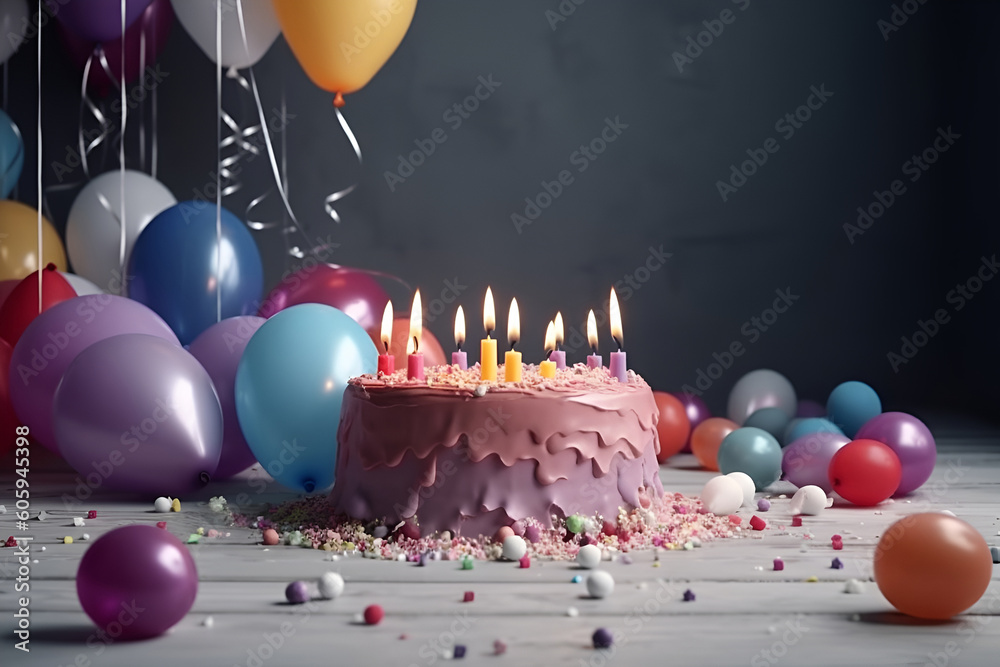 Birthday cake with candles and balloons in background. AI generated ...