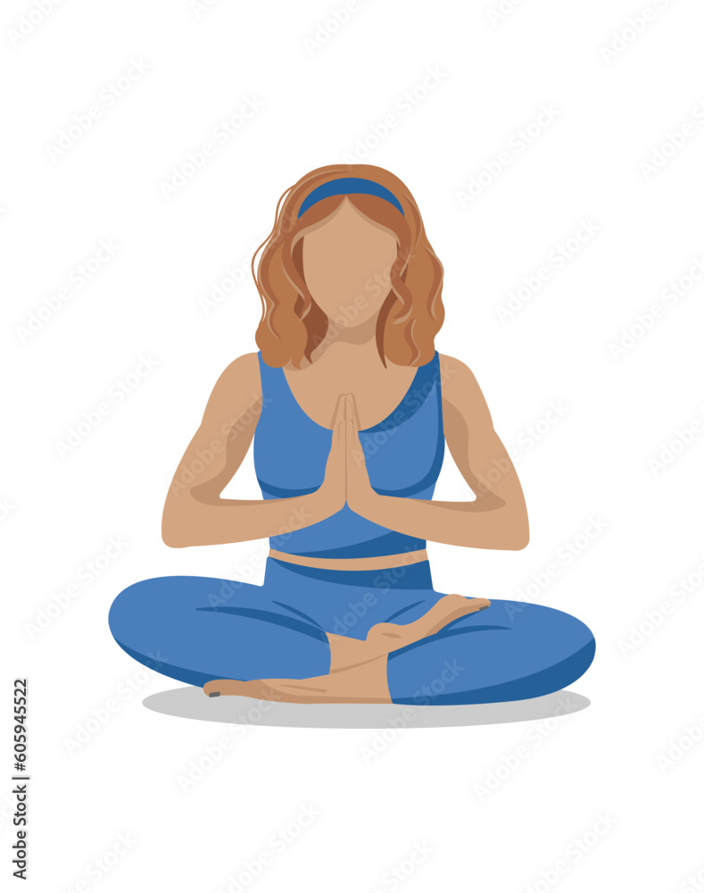Faceless woman sitting in lotus yoga asana pose with ginger hair. Mental health, emotions control and personal harmony concept. Time for yourself. Vector flat illustration, cartoon style.