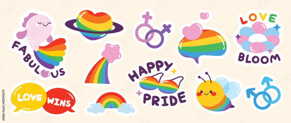 Happy Pride LGBTQ element set. LGBTQ community symbols with star, speech bubbles, flower, heart. Elements illustrated for pride month, bisexual, transgender, gender equality, sticker, rights concept.