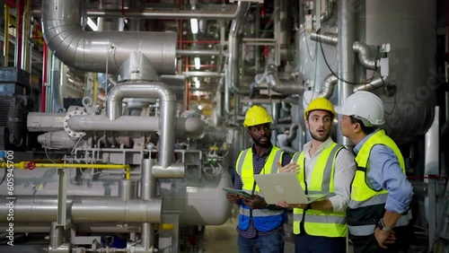 Group of Diversity electrical engineer in safety uniform working together at factory site control room. Industrial technician worker maintenance and checking power system at manufacturing plant room.