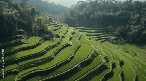 Immerse yourself in the timeless beauty of the rice terraces in Bali  Indonesia  captured through breathtaking drone footage. Generated by AI.