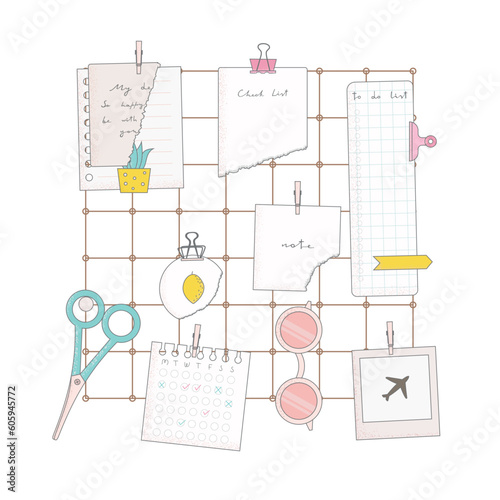 Flat vector illustration with scissors, cute paper notes, glasses, clip, card. Metal grid wall mood board inspiration
