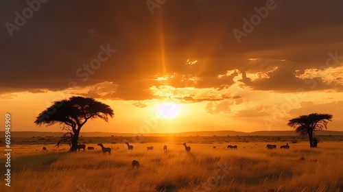 Delight in the magical beauty of a breathtaking sunset over the African savannah, documented in captivating footage. Generated by AI.