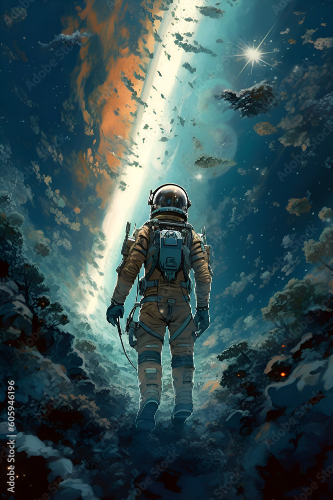 Illustration of an astronaut in space on the surface of a planet, Generative AI