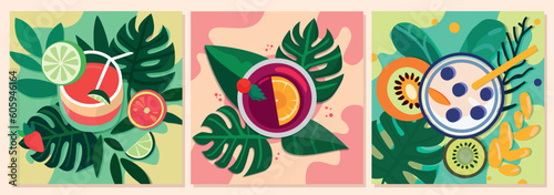 Illustrations in flat design, bird's eye view of Cocktail with tropical plants. Summer vibes Vector flyer or poster design