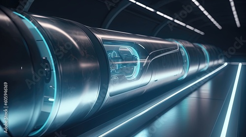 A futuristic Hyperloop train zooms through a sleek and advanced transportation system, revolutionizing travel with its incredible speed and efficiency. Generated by AI.