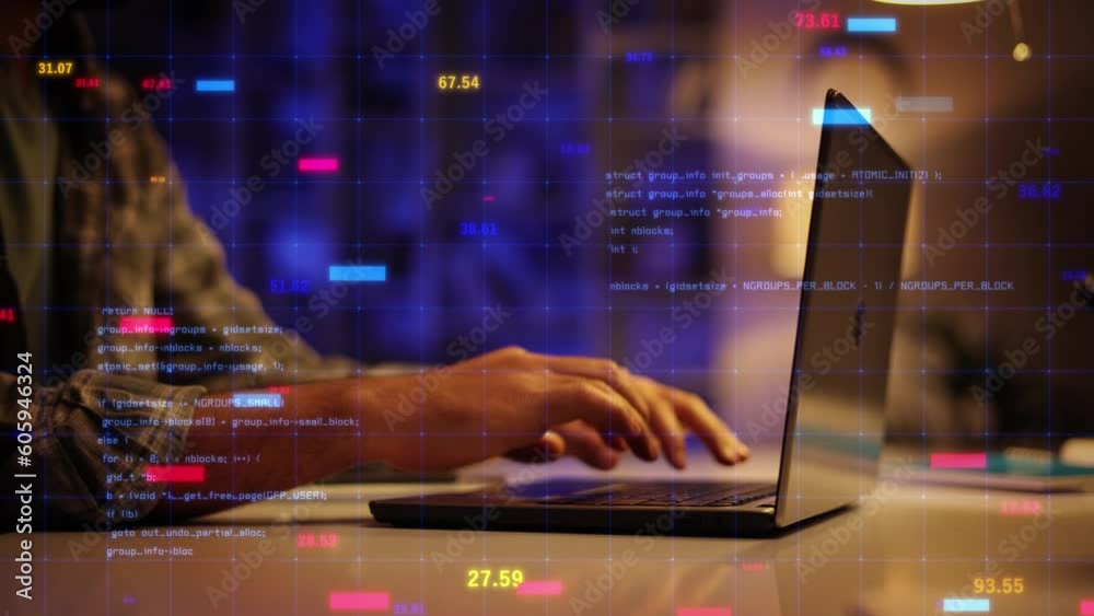 Close-up shot of hands typing on laptop, computer keyboard. VPN cybersecurity programmer, AI chatbot coding, developer engineer, online network crypto blockchain digital world metaverse technology.