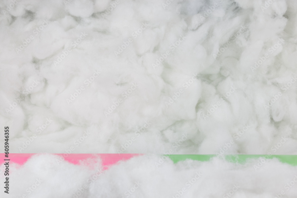 Obraz premium A Pink and Green Product Display Shelf Floating on a Creative Cloud Formation with a Blurred Foreground and Background.