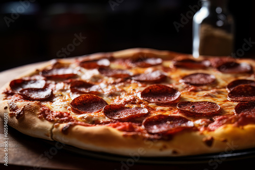 Tasty Pepperoni pizza, mozzarella cheese and fresh  Close up Blurry Background