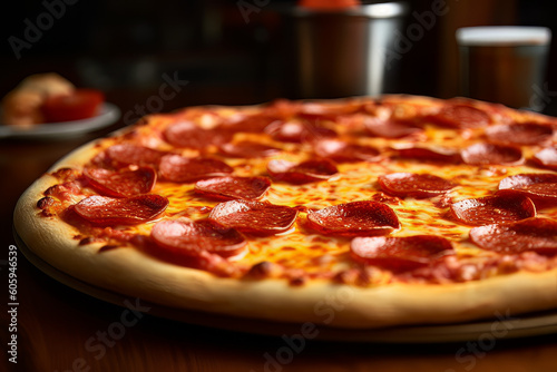 Tasty Pepperoni pizza, mozzarella cheese and fresh Close up Blurry Background