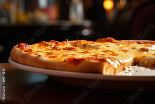 Tasty Cheese pizza, mozzarella cheese and fresh Close up Blurry Background