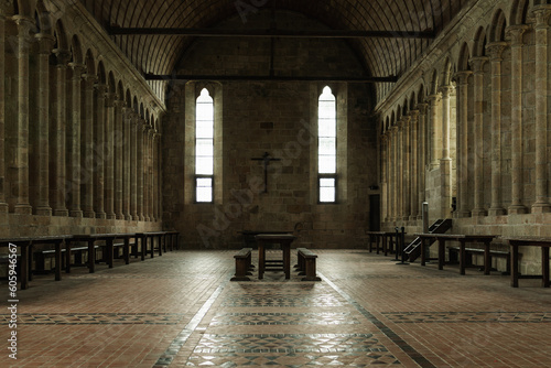 Interior shot of the Abbey on St Mont Michel in France © Victoria_Hunter
