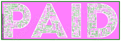 Word cloud of PAID in pink. Related finance words fill the letters.
