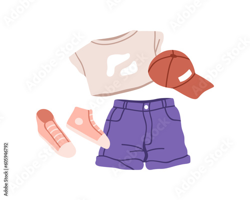 Summer outfit, women clothes set. Casual garments, modern trendy shorts, snea...
