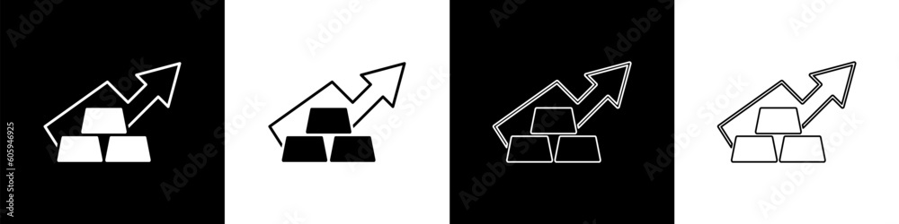 Set Finance growth chart arrow with gold bars icon isolated on black and white background. Financial success concept. Gold investment concept. Vector Set Finance growth chart arrow with gold bars icon isolated on black and white background. Financial success concept. Gold investment concept. Vector