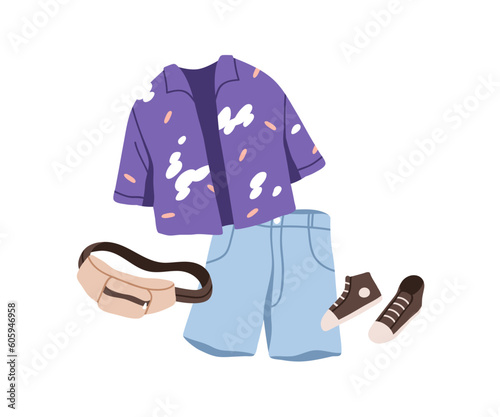 Summer outfit set. Casual unisex apparel, garments in modern trendy style. Shirt, shorts, sneakers and cross-body bag, full fashion look. Flat vector illustration isolated on white background