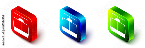 Isometric Cable car icon isolated on white background. Funicular sign. Red, blue and green square button. Vector