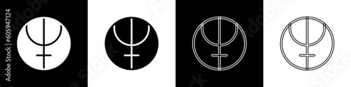 Set Neptune planet symbol icon isolated on black and white background. Astrology, numerology, horoscope, astronomy. Vector