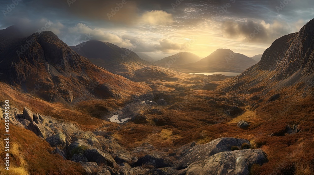 Indulge in the awe-inspiring panoramic view of the majestic Scottish Highlands. Feast your eyes on rolling hills, rugged mountains. Generated by AI.