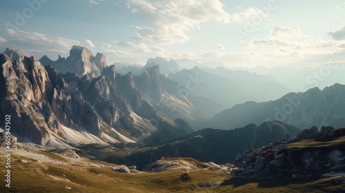 Immerse yourself in the breathtaking panoramic view of the majestic Dolomites in Italy. Feast your eyes on the towering peaks, dramatic cliffs. Generated by AI.
