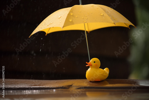 A yellow duck sits under an umbrella. Photorealism. Made with Generative AI.
