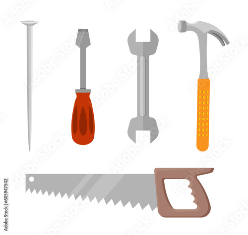 Various working Tools. Different instruments. Construction, Building, repair concept. Screwdriver, saw, hammer, wrench, nail. Flat Vector set. All elements are isolated