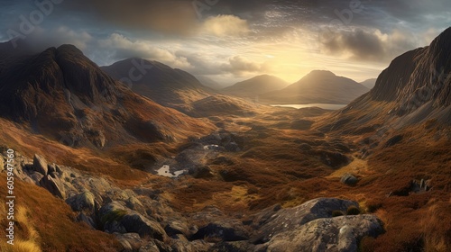 Indulge in the awe-inspiring panoramic view of the majestic Scottish Highlands. Feast your eyes on rolling hills  rugged mountains. Generated by AI.