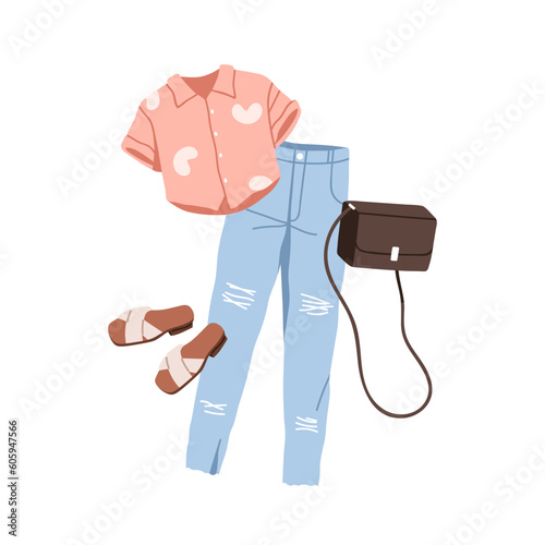 Summer outfit set. Women apparel, casual clothes. Jeans, shirt, purse, bag an...