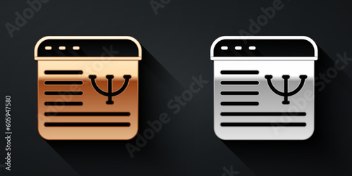 Gold and silver Online psychological counseling distance icon isolated on black background. Psychotherapy, psychological help, psychiatrist online consulting. Long shadow style. Vector