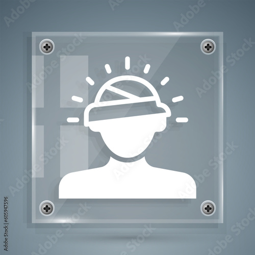 White Concussion, headache, dizziness, migraine icon isolated on grey background. Square glass panels. Vector