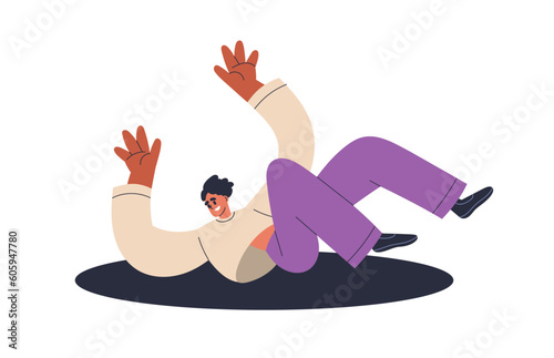 Happy man bouncing on trampoline with joy. Positive person falling down through hole, pit, abyss. Risk and fun, psychology concept. Flat graphic vector illustration isolated on white background