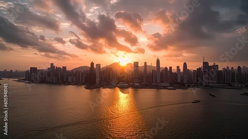 Lose yourself in the beauty of a sunset over the dynamic city skyline of Hong Kong. Watch as the sun's golden rays illuminate the towering skyscrapers. Generated by AI.