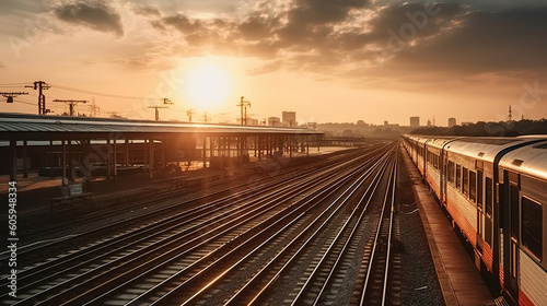 Railway station with train under sunset, Generative AI