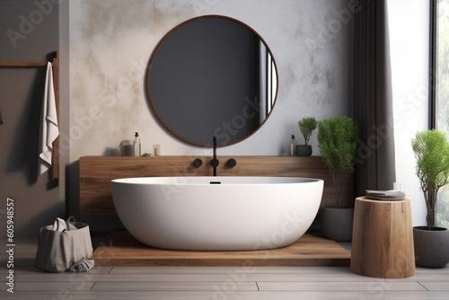 bathroom room mirror design gray concrete indoor luxury sink interior home. Generative AI. © VICHIZH