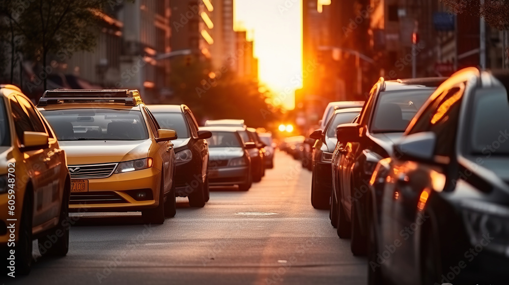 Car traffic on City street at sunset time. Generative AI