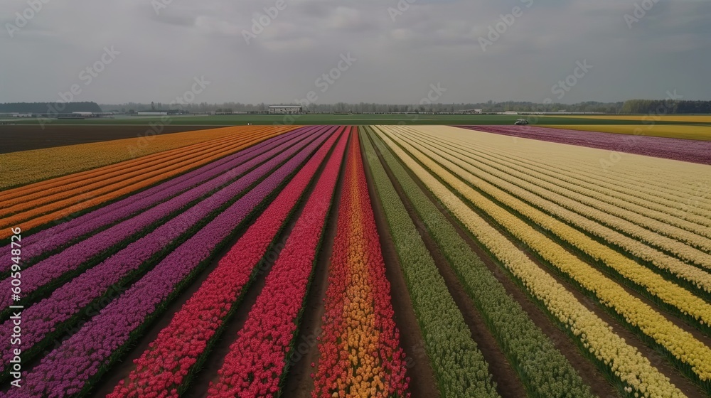 Lose yourself in a vibrant tapestry of colors as you wander through the breathtaking tulip fields of the Netherlands. Generated by AI. Lose yourself in a vibrant tapestry of colors as you wander through the breathtaking tulip fields of the Netherlands. Generated by AI.