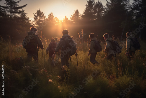 Young group of boy scouts hiking in the North American wilderness